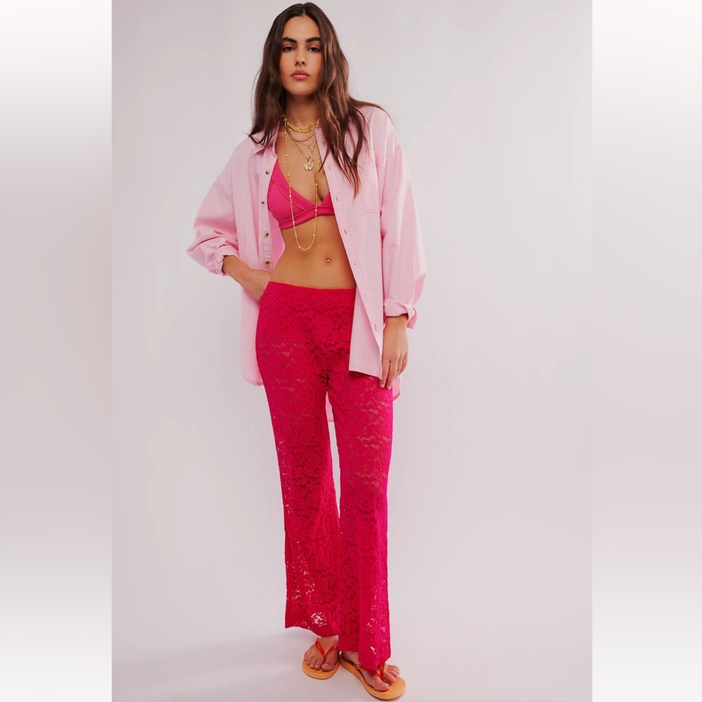 NWOT Free People All Day Lace Flare Trousers in Hot Pink size XS